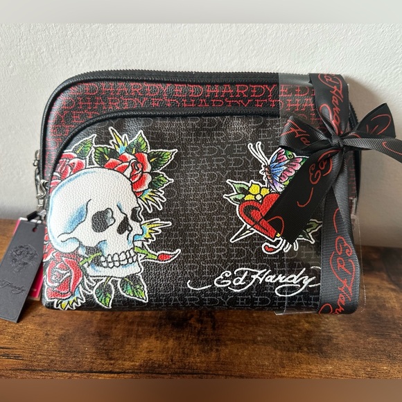 Ed Hardy Handbags - Ed Hardy Black and Red 2-piece Cosmetic Bag with Skull and Heart Design NWT